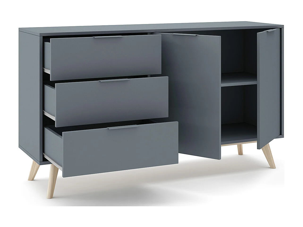 Buffet, commode rectangulaire avec 2 portes et 3 tiroirs aspect bois coloris Vert Kaki, pieds en pin coloris blanc ciré