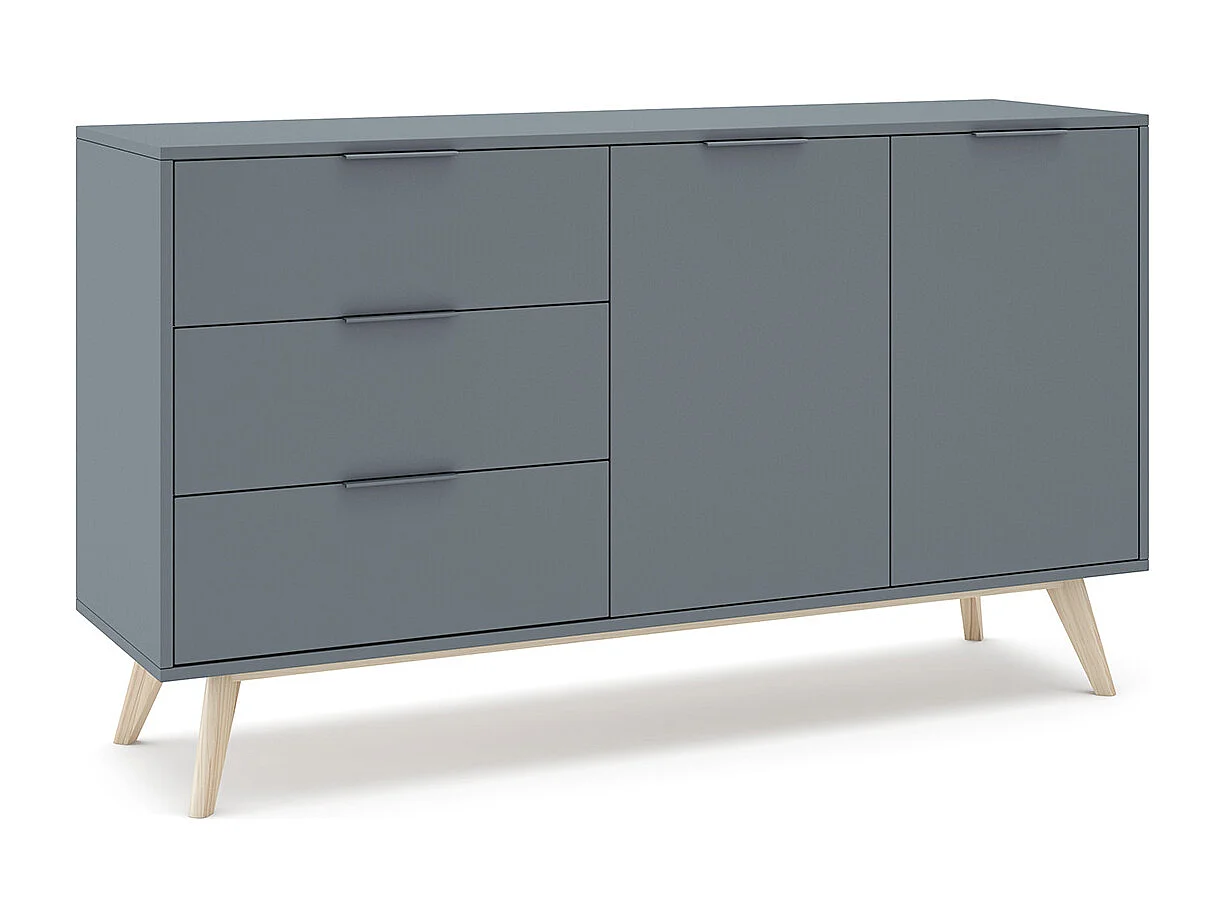 Buffet, commode rectangulaire avec 2 portes et 3 tiroirs aspect bois coloris Vert Kaki, pieds en pin coloris blanc ciré