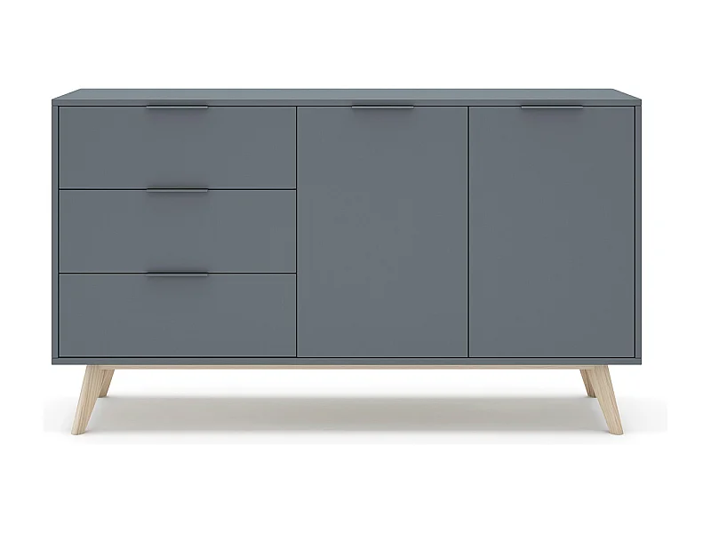 Buffet, commode rectangulaire avec 2 portes et 3 tiroirs aspect bois coloris Vert Kaki, pieds en pin coloris blanc ciré