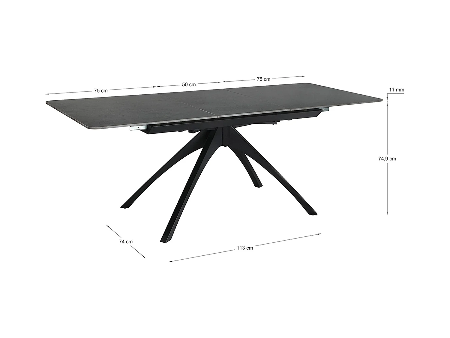 Table à manger, table de repas extensible rectangulaire en Pierre frittée coloris gris foncé, pieds en métal noir - Longueur 150-200 x Profondeur 85 x Hauteur 76 cm