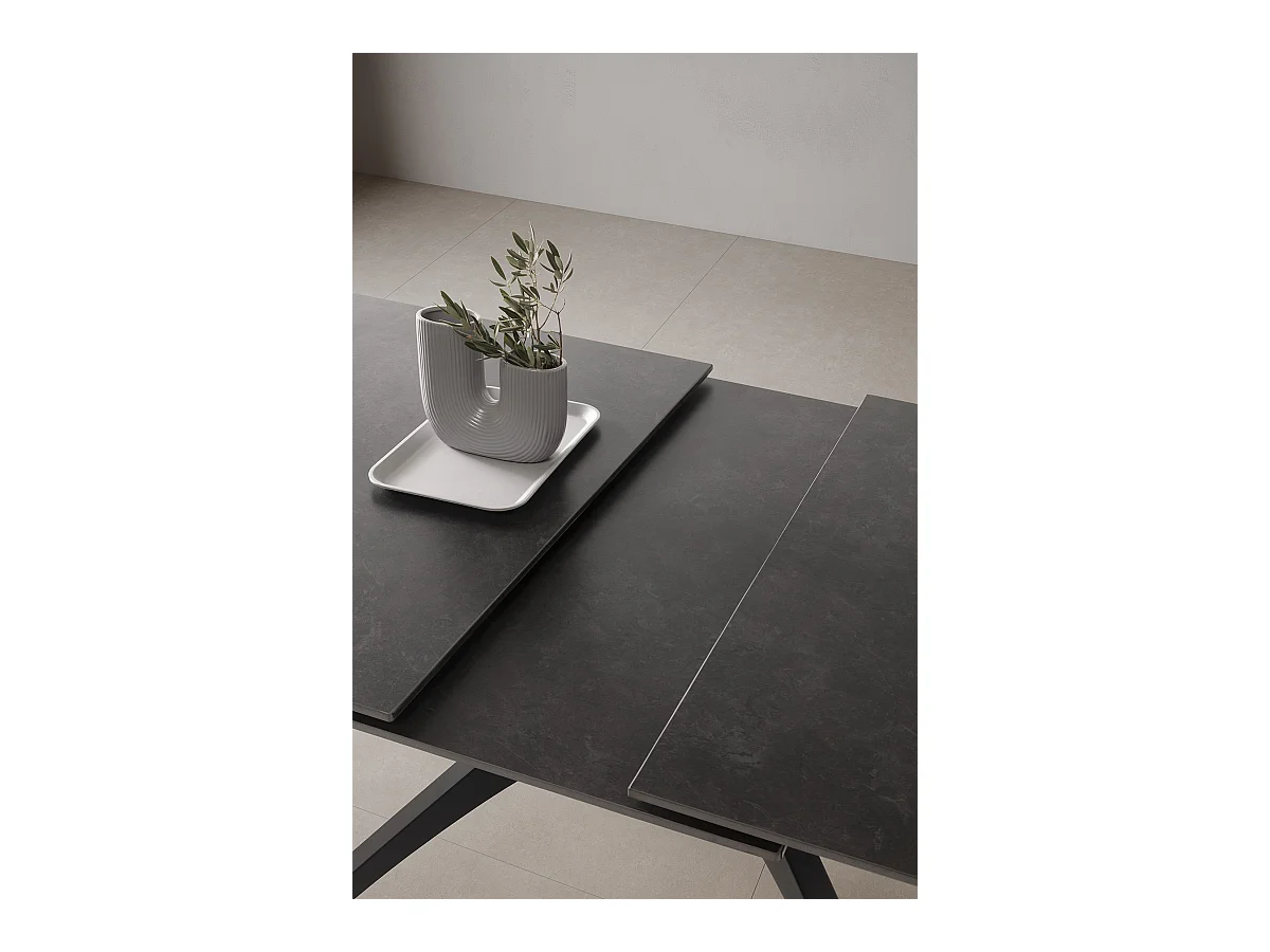 Table à manger, table de repas extensible rectangulaire en Pierre frittée coloris gris foncé, pieds en métal noir - Longueur 150-200 x Profondeur 85 x Hauteur 76 cm
