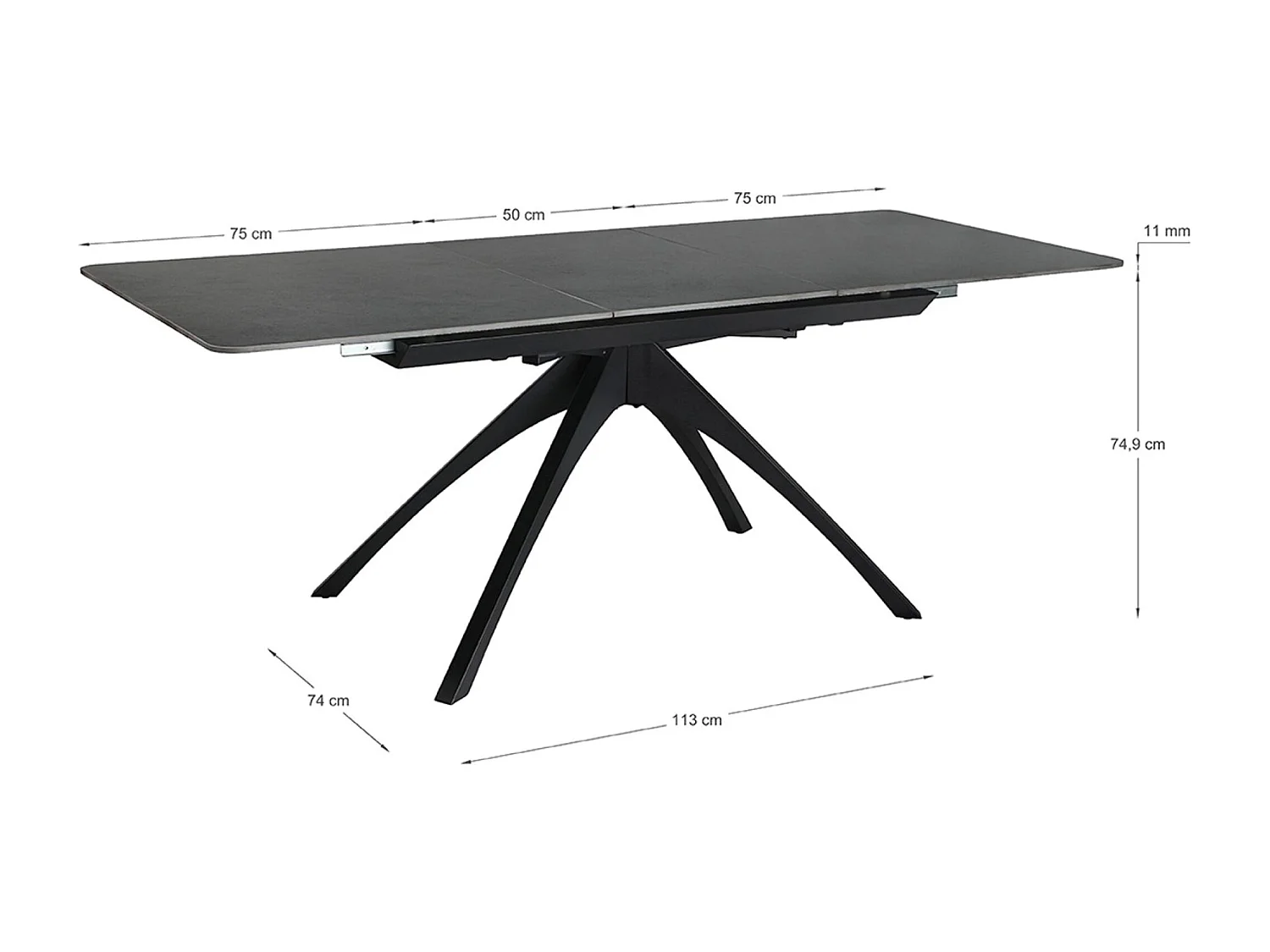 Table à manger, table de repas extensible rectangulaire en Pierre frittée coloris gris foncé, pieds en métal noir - Longueur 150-200 x Profondeur 85 x Hauteur 76 cm