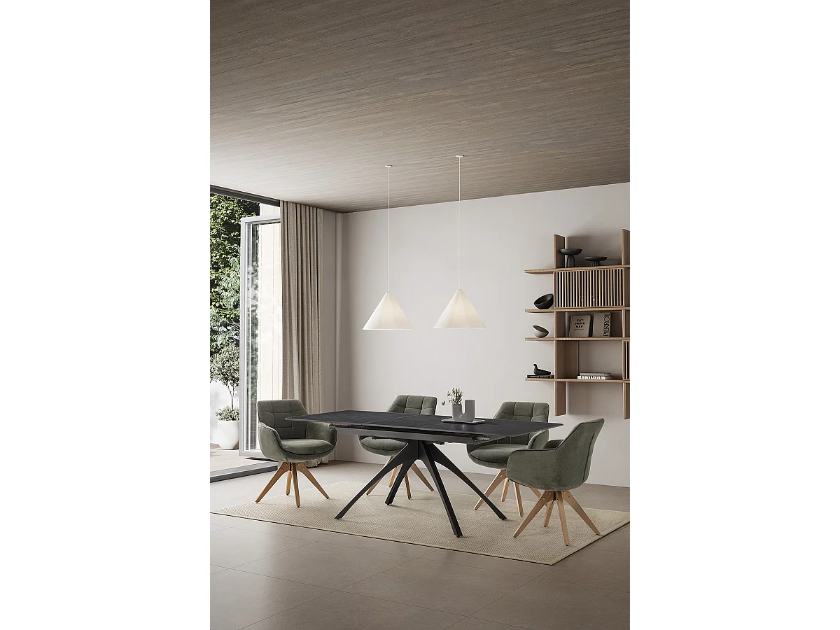 Table à manger, table de repas extensible rectangulaire en Pierre frittée coloris gris foncé, pieds en métal noir - Longueur 150-200 x Profondeur 85 x Hauteur 76 cm