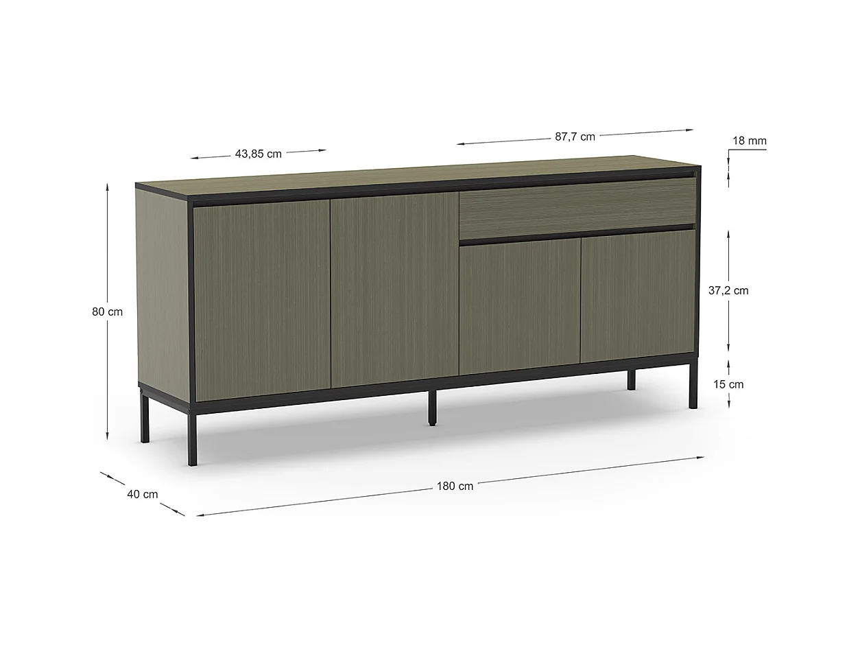 Buffet, commode basse avec 4 portes et 1 tiroir aspect bois coloris Vert foncé et pieds en métal noir - Longueur 180 x Profondeur 40 x Hauteur 80 cm