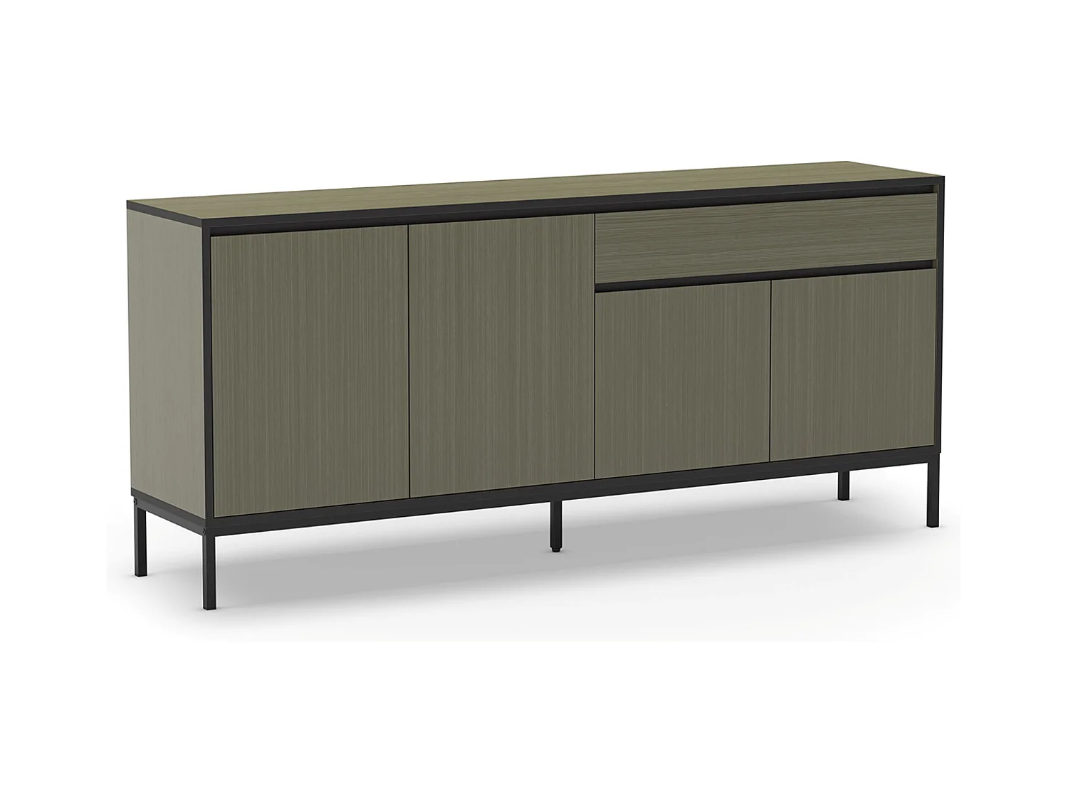 Buffet, commode basse avec 4 portes et 1 tiroir aspect bois coloris Vert foncé et pieds en métal noir - Longueur 180 x Profondeur 40 x Hauteur 80 cm
