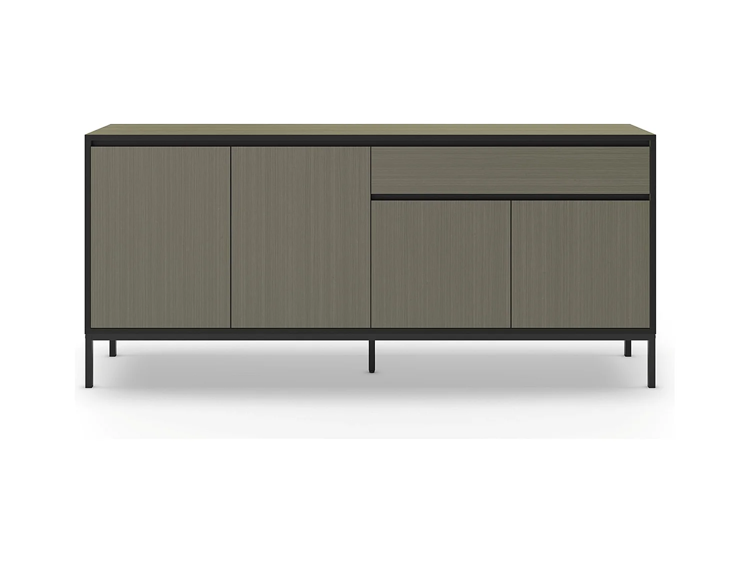 Buffet, commode basse avec 4 portes et 1 tiroir aspect bois coloris Vert foncé et pieds en métal noir - Longueur 180 x Profondeur 40 x Hauteur 80 cm