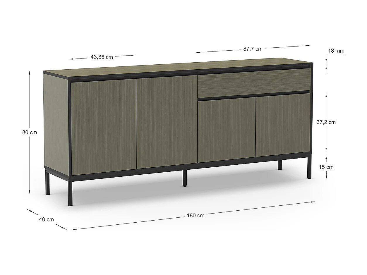 Buffet, commode basse avec 4 portes et 1 tiroir aspect bois coloris Vert foncé et pieds en métal noir - Longueur 180 x Profondeur 40 x Hauteur 80 cm