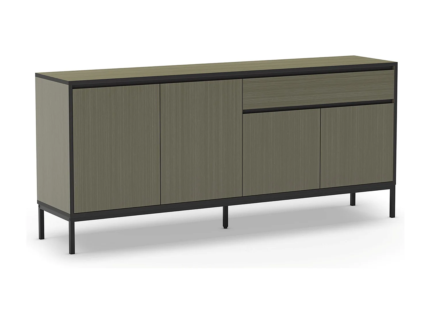 Buffet, commode basse avec 4 portes et 1 tiroir aspect bois coloris Vert foncé et pieds en métal noir - Longueur 180 x Profondeur 40 x Hauteur 80 cm