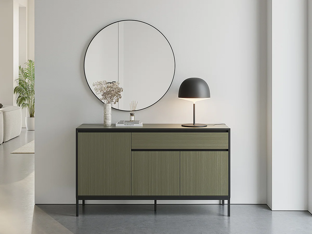 Buffet, commode basse avec 4 portes et 1 tiroir aspect bois coloris Vert foncé et pieds en métal noir - Longueur 180 x Profondeur 40 x Hauteur 80 cm