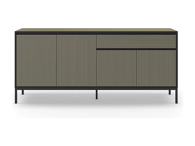 Buffet, commode basse avec 4 portes et 1 tiroir aspect bois coloris Vert foncé et pieds en métal noir - Longueur 180 x Profondeur 40 x Hauteur 80 cm