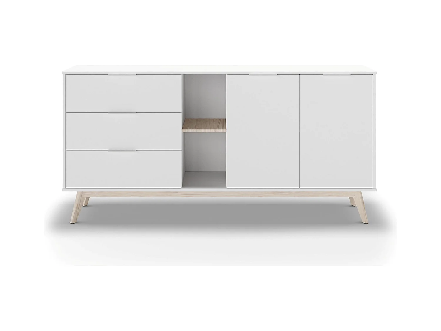 Buffet, meuble de rangement avec 2 portes, 2 niches et 3 tiroirs en pin coloris blanc/naturel -Longueur 165 x Profondeur 40 x Hauteur 81 cm