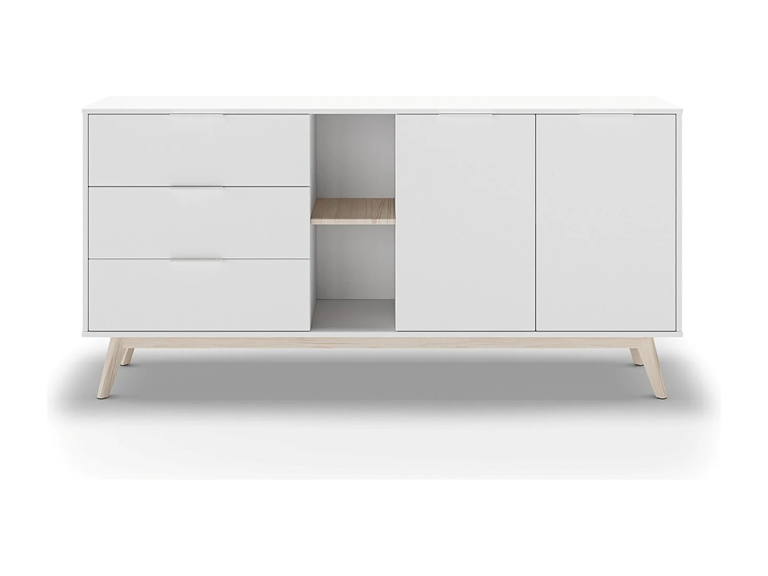 Buffet, meuble de rangement avec 2 portes, 2 niches et 3 tiroirs en pin coloris blanc/naturel -Longueur 165 x Profondeur 40 x Hauteur 81 cm