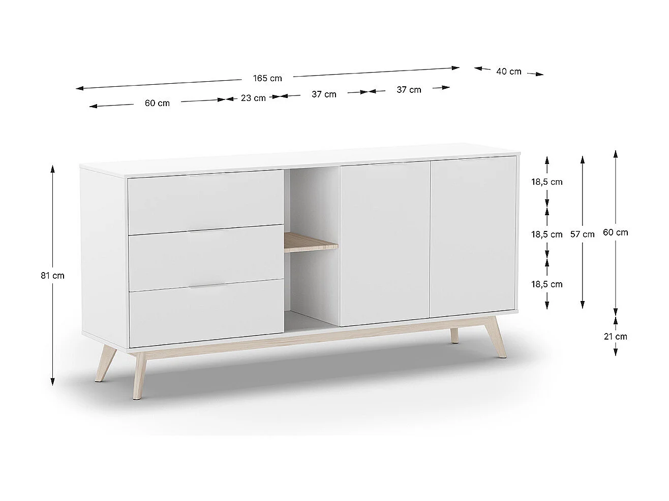 Buffet, meuble de rangement avec 2 portes, 2 niches et 3 tiroirs en pin coloris blanc/naturel -Longueur 165 x Profondeur 40 x Hauteur 81 cm