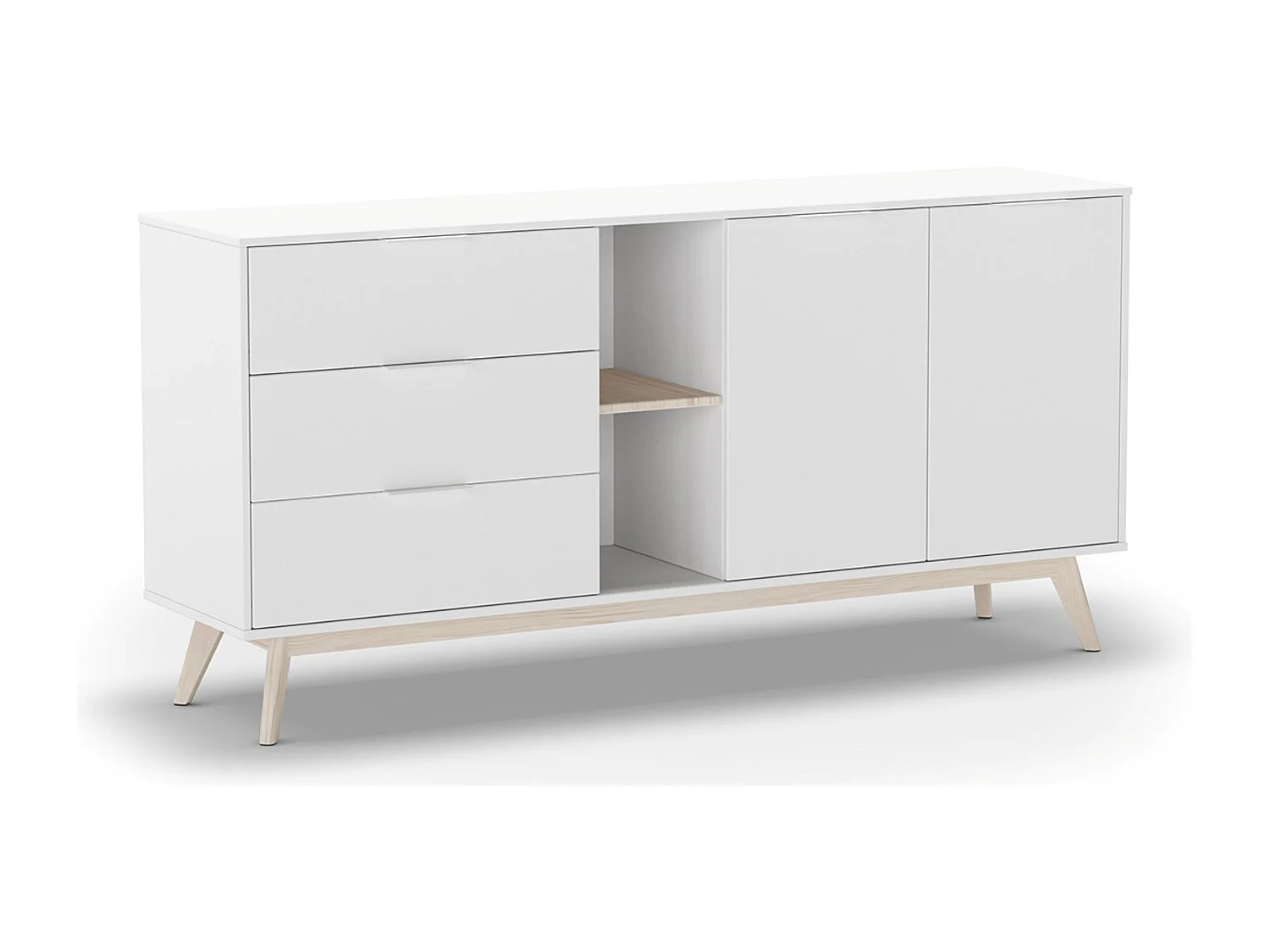 Buffet, meuble de rangement avec 2 portes, 2 niches et 3 tiroirs en pin coloris blanc/naturel -Longueur 165 x Profondeur 40 x Hauteur 81 cm