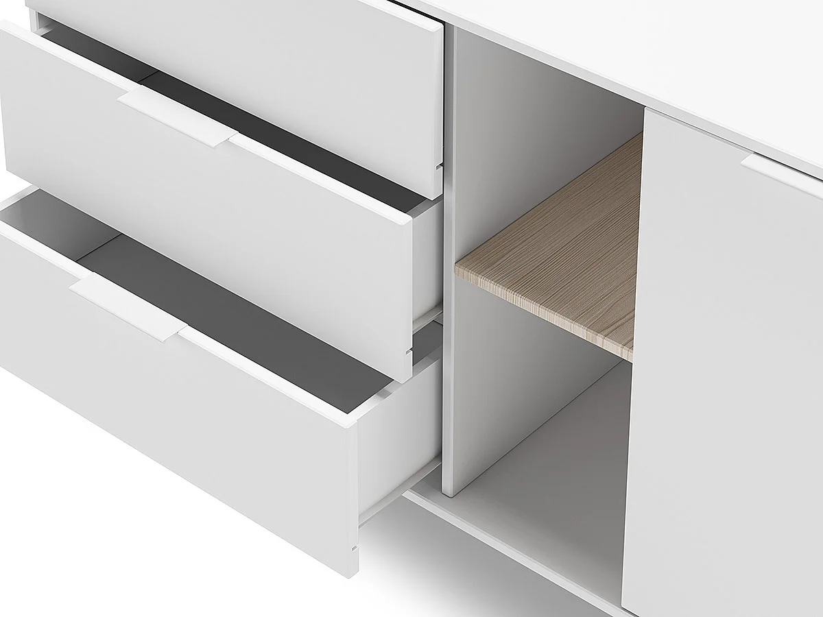 Buffet, meuble de rangement avec 2 portes, 2 niches et 3 tiroirs en pin coloris blanc/naturel -Longueur 165 x Profondeur 40 x Hauteur 81 cm