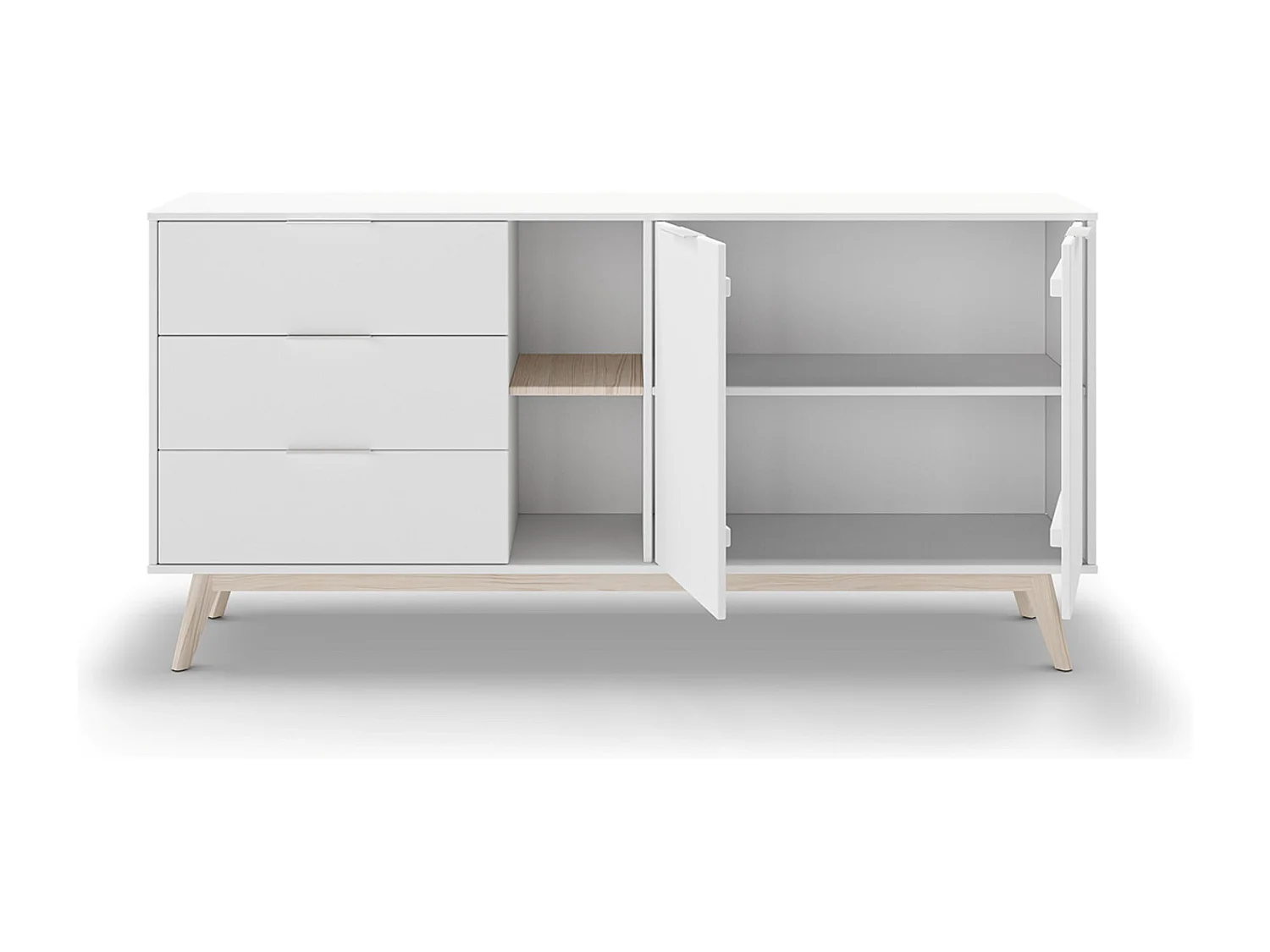 Buffet, meuble de rangement avec 2 portes, 2 niches et 3 tiroirs en pin coloris blanc/naturel -Longueur 165 x Profondeur 40 x Hauteur 81 cm