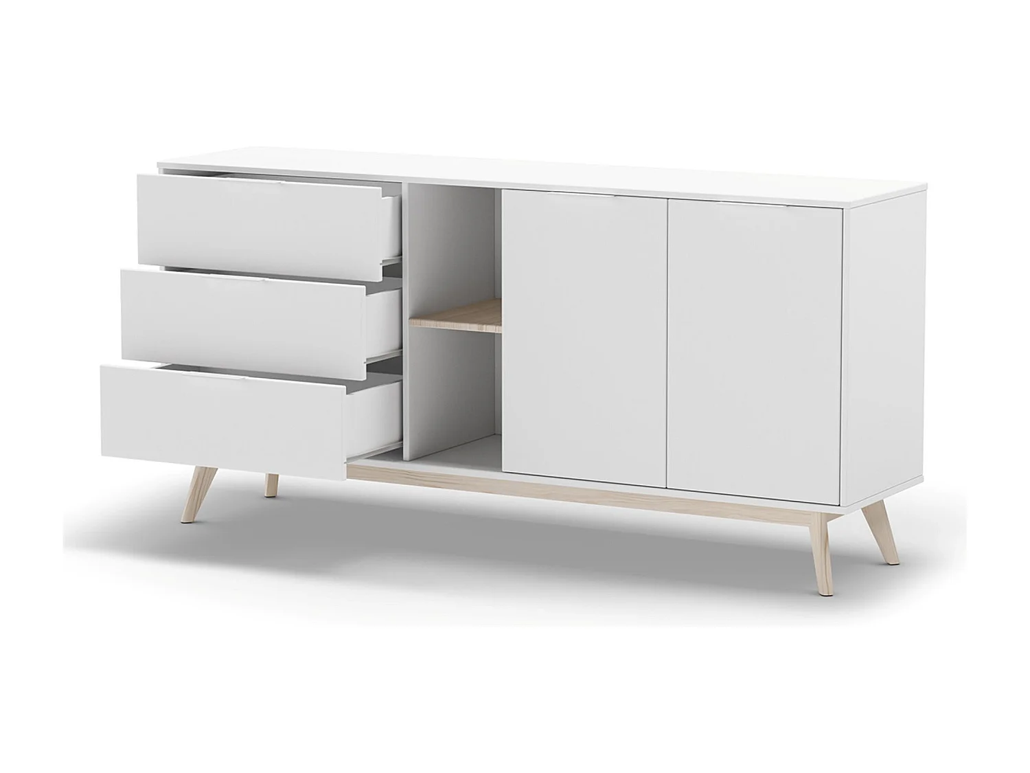 Buffet, meuble de rangement avec 2 portes, 2 niches et 3 tiroirs en pin coloris blanc/naturel -Longueur 165 x Profondeur 40 x Hauteur 81 cm
