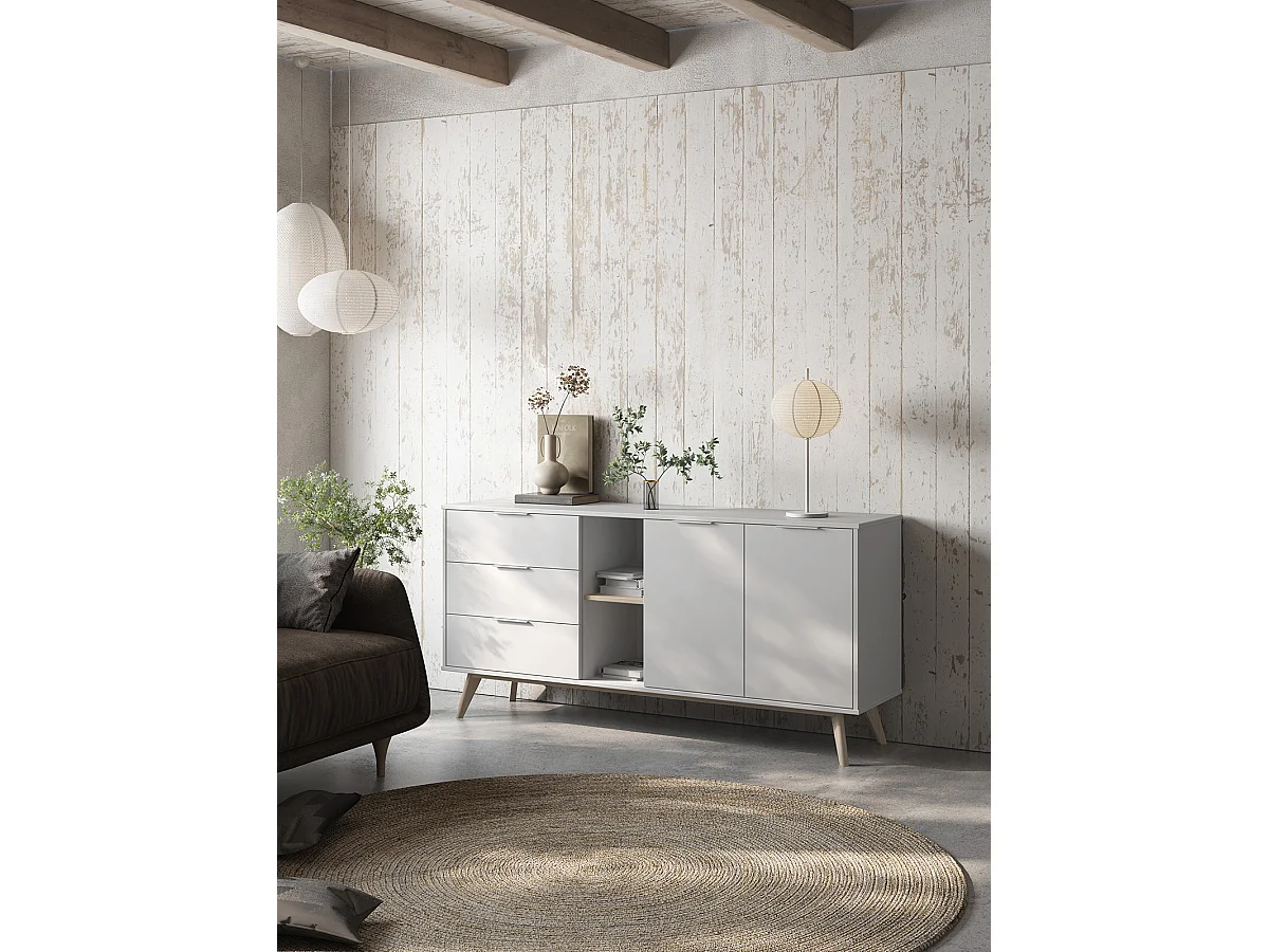 Buffet, meuble de rangement avec 2 portes, 2 niches et 3 tiroirs en pin coloris blanc/naturel -Longueur 165 x Profondeur 40 x Hauteur 81 cm