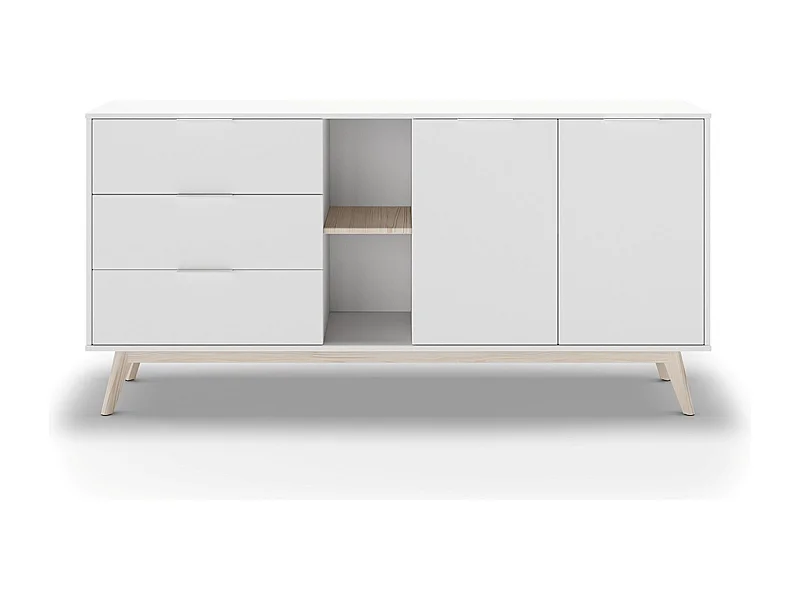 Buffet, meuble de rangement avec 2 portes, 2 niches et 3 tiroirs en pin coloris blanc/naturel -Longueur 165 x Profondeur 40 x Hauteur 81 cm