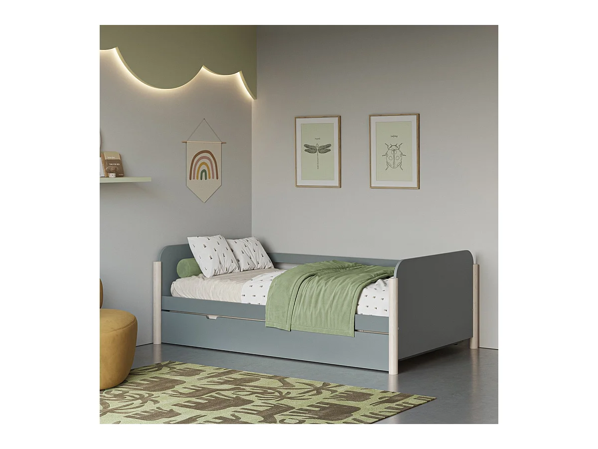Lit enfant gigogne 90x190 cm avec tête de lit en bois vert kaki - Bastien