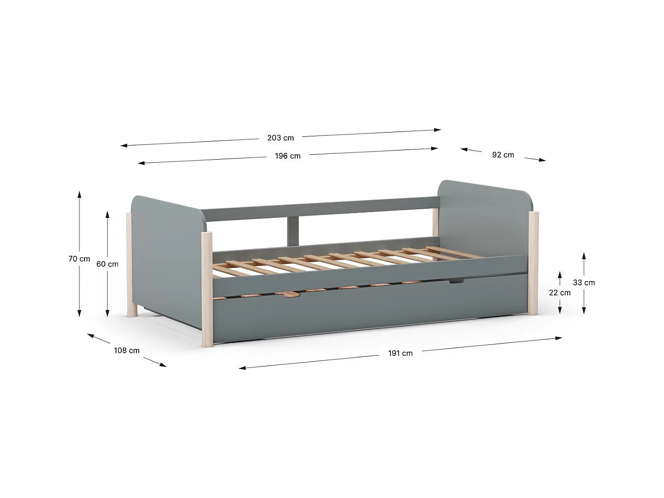 Lit enfant gigogne 90x190 cm avec tête de lit en bois vert kaki - Bastien