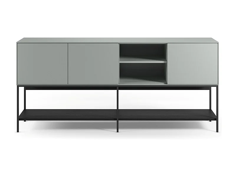 Buffet, meuble de rangement aspect bois avec 3 portes coloris Vert, pieds en métal noir  - Longueur 180 x Profondeur 40 x Hauteur 80 cm