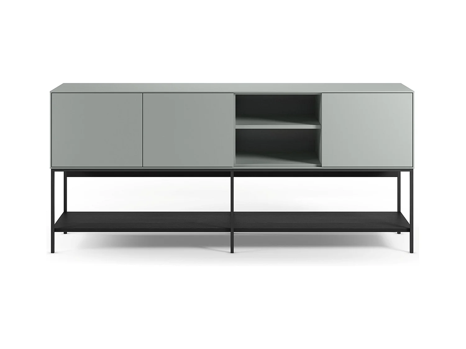 Buffet, meuble de rangement aspect bois avec 3 portes coloris Vert, pieds en métal noir  - Longueur 180 x Profondeur 40 x Hauteur 80 cm