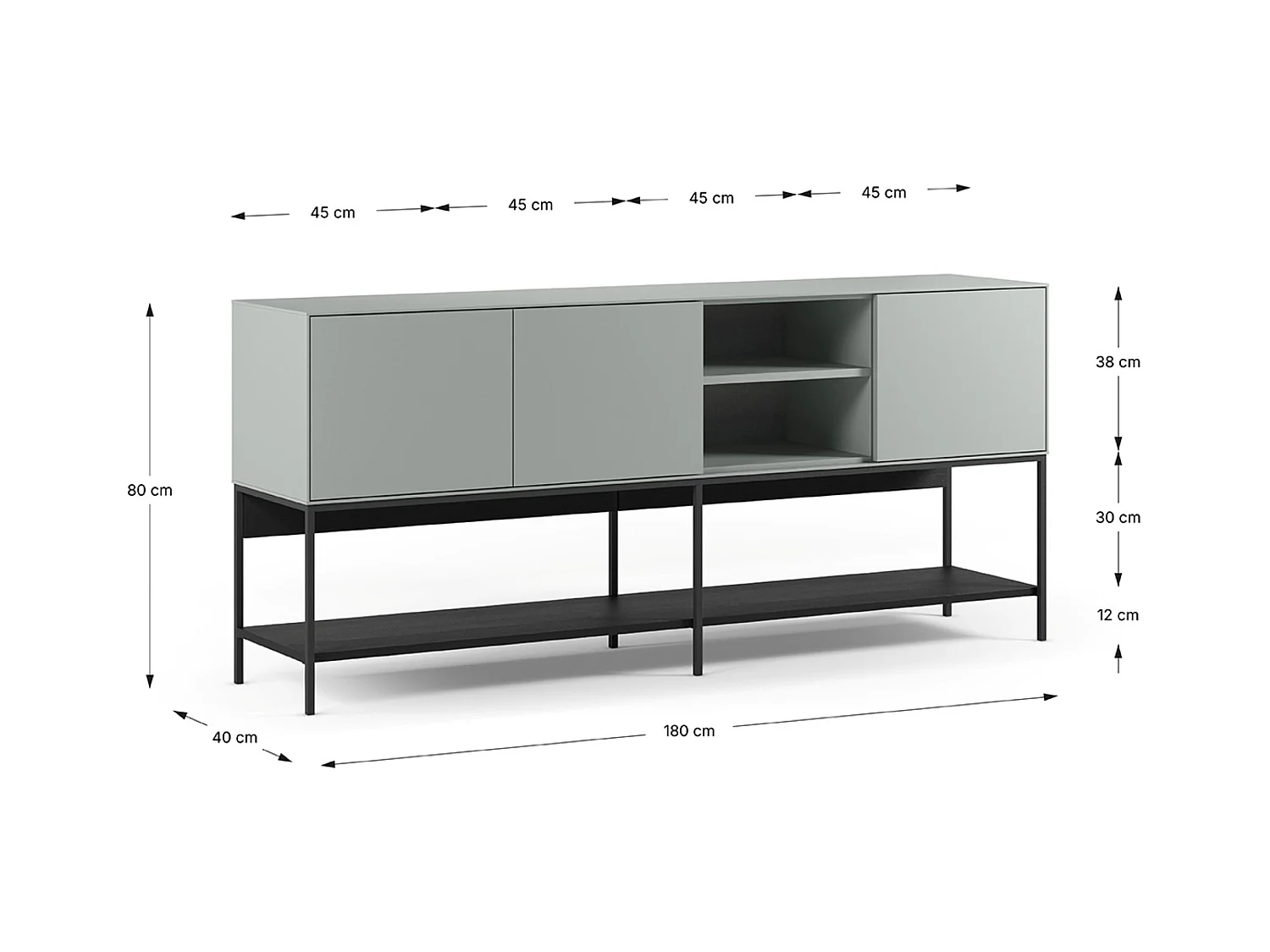 Buffet, meuble de rangement aspect bois avec 3 portes coloris Vert, pieds en métal noir  - Longueur 180 x Profondeur 40 x Hauteur 80 cm