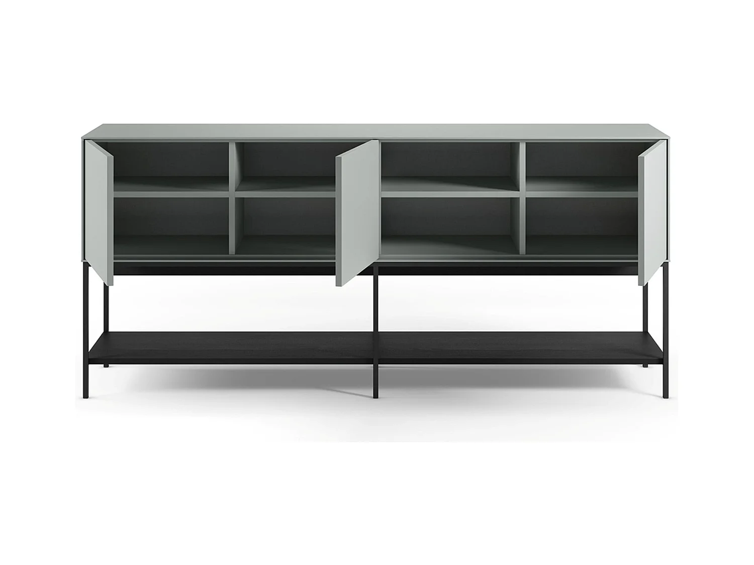 Buffet, meuble de rangement aspect bois avec 3 portes coloris Vert, pieds en métal noir  - Longueur 180 x Profondeur 40 x Hauteur 80 cm