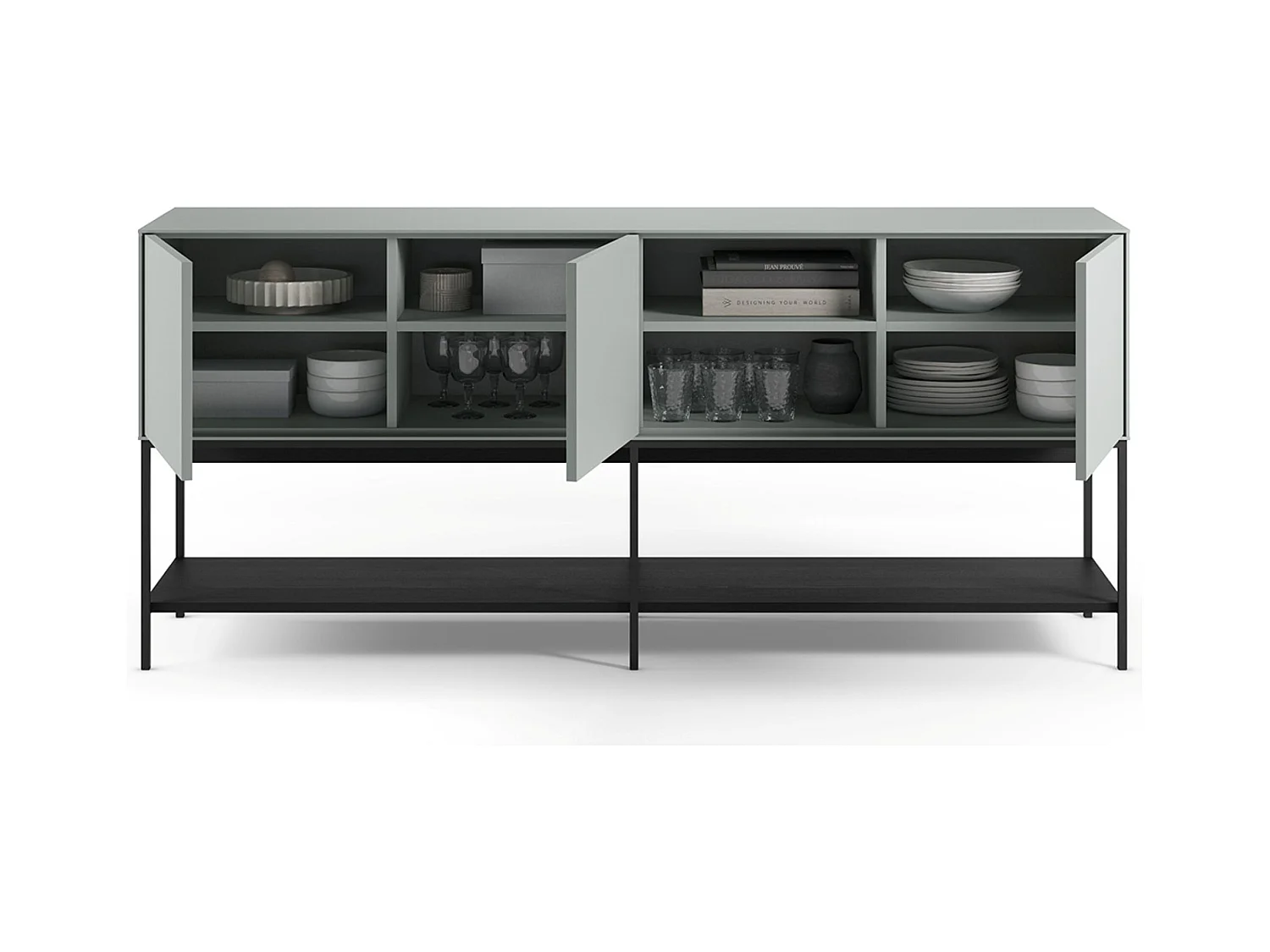 Buffet, meuble de rangement aspect bois avec 3 portes coloris Vert, pieds en métal noir  - Longueur 180 x Profondeur 40 x Hauteur 80 cm