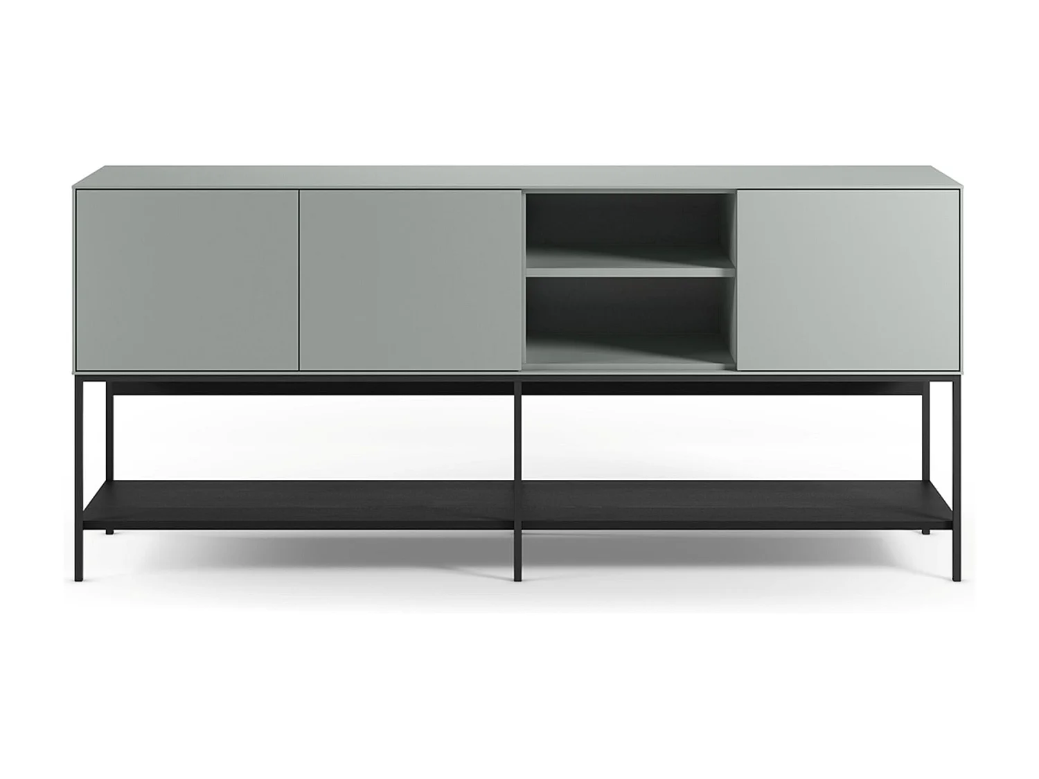 Buffet, meuble de rangement aspect bois avec 3 portes coloris Vert, pieds en métal noir  - Longueur 180 x Profondeur 40 x Hauteur 80 cm