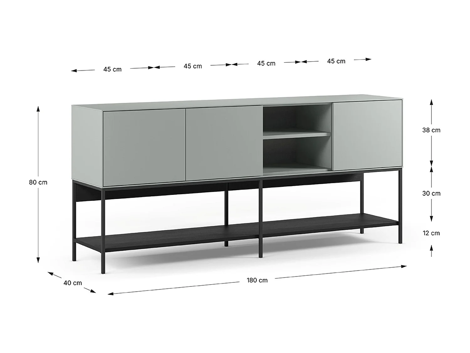 Buffet, meuble de rangement aspect bois avec 3 portes coloris Vert, pieds en métal noir  - Longueur 180 x Profondeur 40 x Hauteur 80 cm