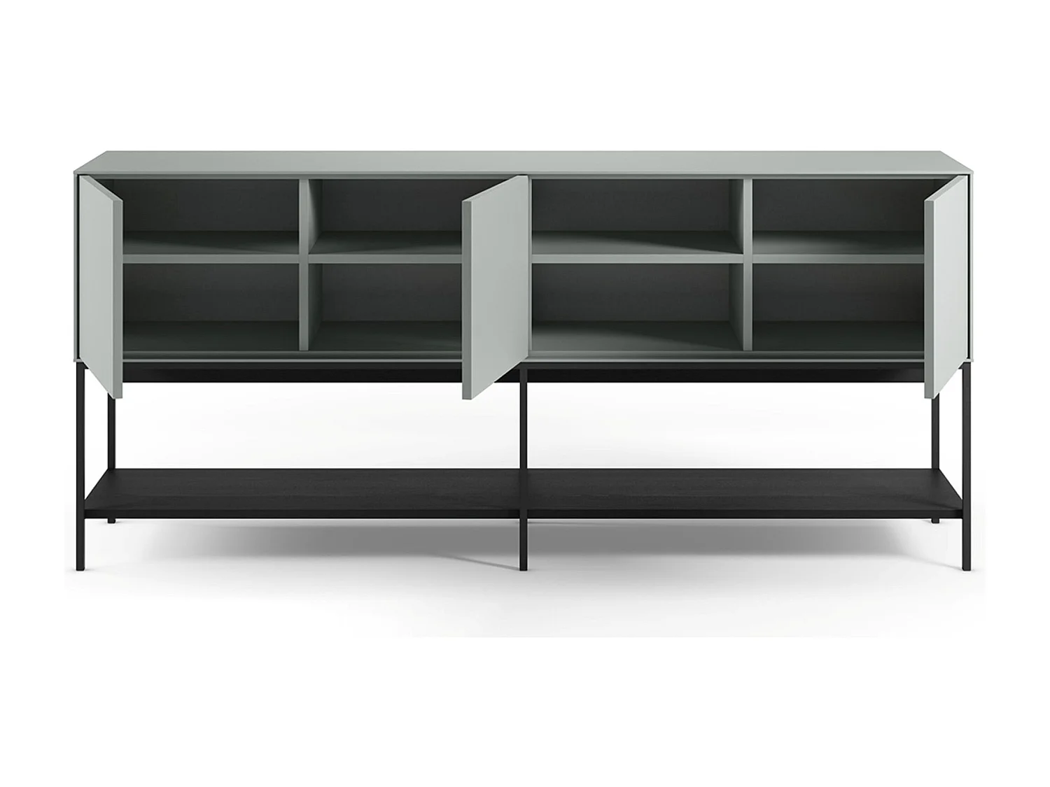 Buffet, meuble de rangement aspect bois avec 3 portes coloris Vert, pieds en métal noir  - Longueur 180 x Profondeur 40 x Hauteur 80 cm