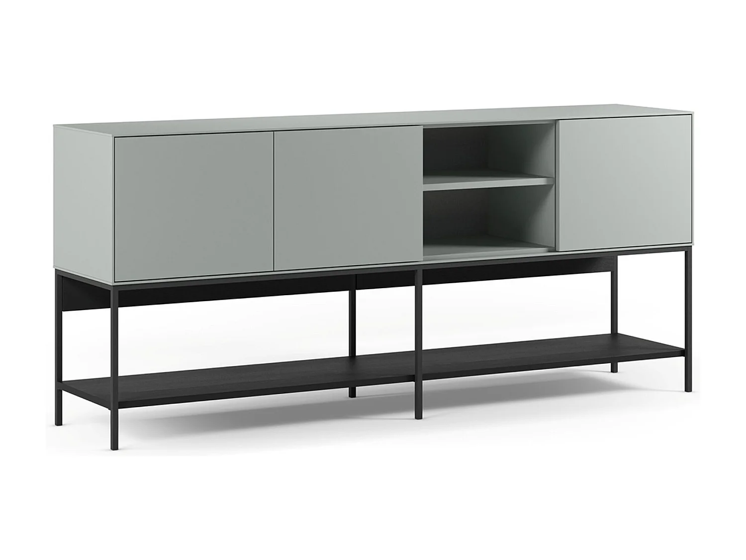 Buffet, meuble de rangement aspect bois avec 3 portes coloris Vert, pieds en métal noir  - Longueur 180 x Profondeur 40 x Hauteur 80 cm
