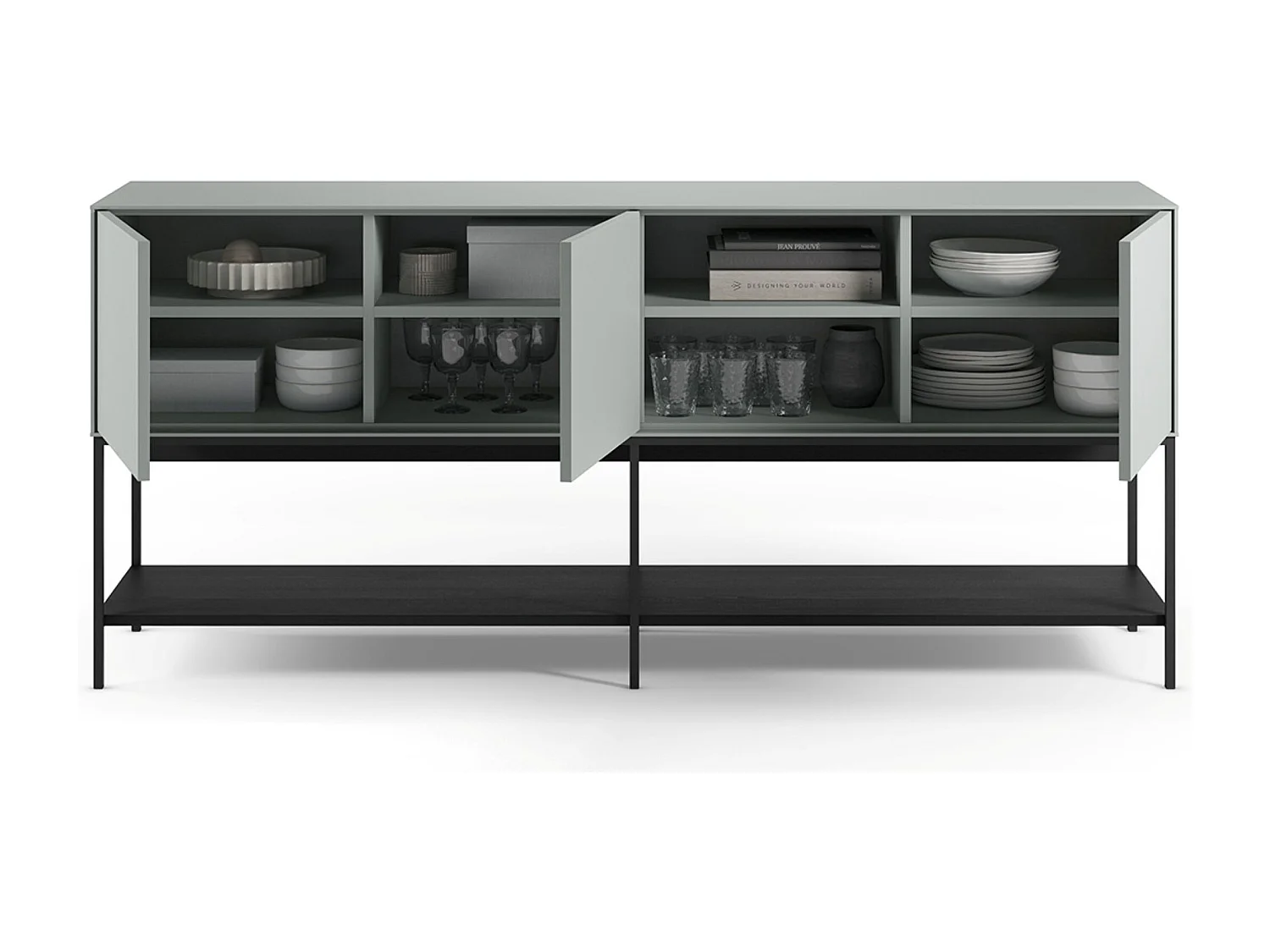 Buffet, meuble de rangement aspect bois avec 3 portes coloris Vert, pieds en métal noir  - Longueur 180 x Profondeur 40 x Hauteur 80 cm