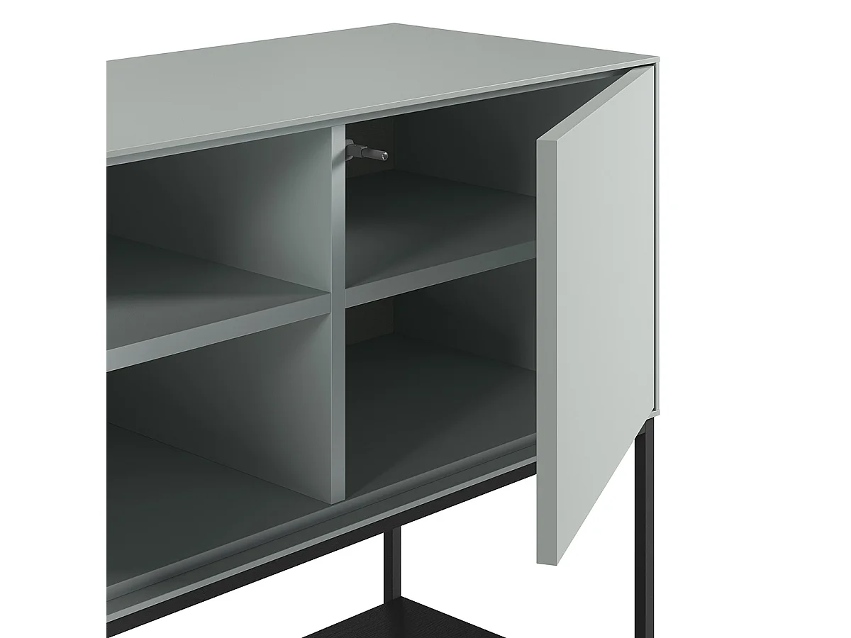 Buffet, meuble de rangement aspect bois avec 3 portes coloris Vert, pieds en métal noir  - Longueur 180 x Profondeur 40 x Hauteur 80 cm