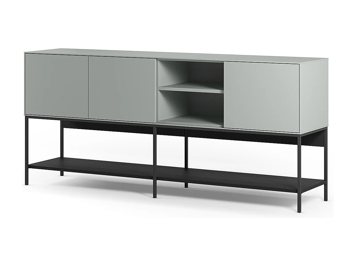 Buffet, meuble de rangement aspect bois avec 3 portes coloris Vert, pieds en métal noir  - Longueur 180 x Profondeur 40 x Hauteur 80 cm