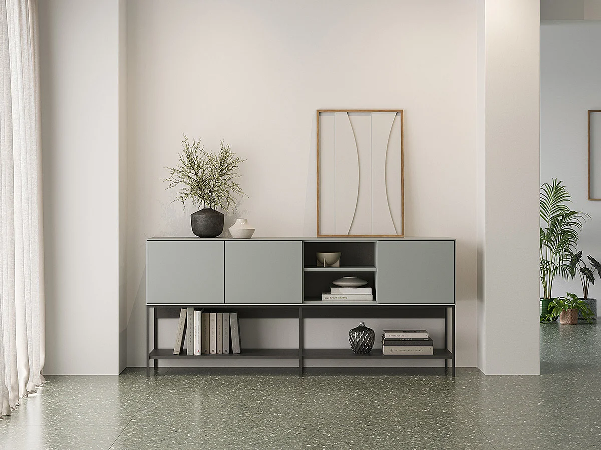 Buffet, meuble de rangement aspect bois avec 3 portes coloris Vert, pieds en métal noir  - Longueur 180 x Profondeur 40 x Hauteur 80 cm