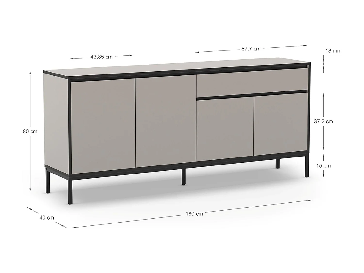 Buffet, meuble de rangement avec 4 portes et 1 tiroir aspect bois coloris crème, pieds en métal noir - Longueur 180 x Profondeur 40 x Hauteur 80 cm