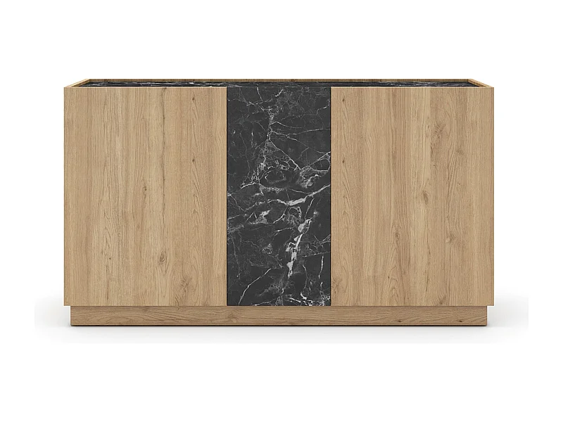 Buffet, commode rectangulaire avec 3 portes aspect bois coloris naturel et effet marbre noir  - Longueur 140 x Profondeur 41,80 x Hauteur 78,50 cm