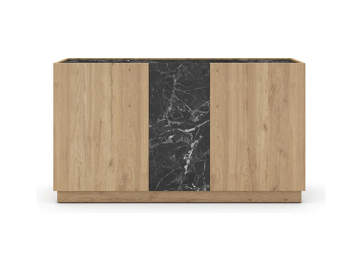 Buffet, commode rectangulaire avec 3 portes aspect bois coloris naturel et effet marbre noir  - Longueur 140 x Profondeur 41,80 x Hauteur 78,50 cm
