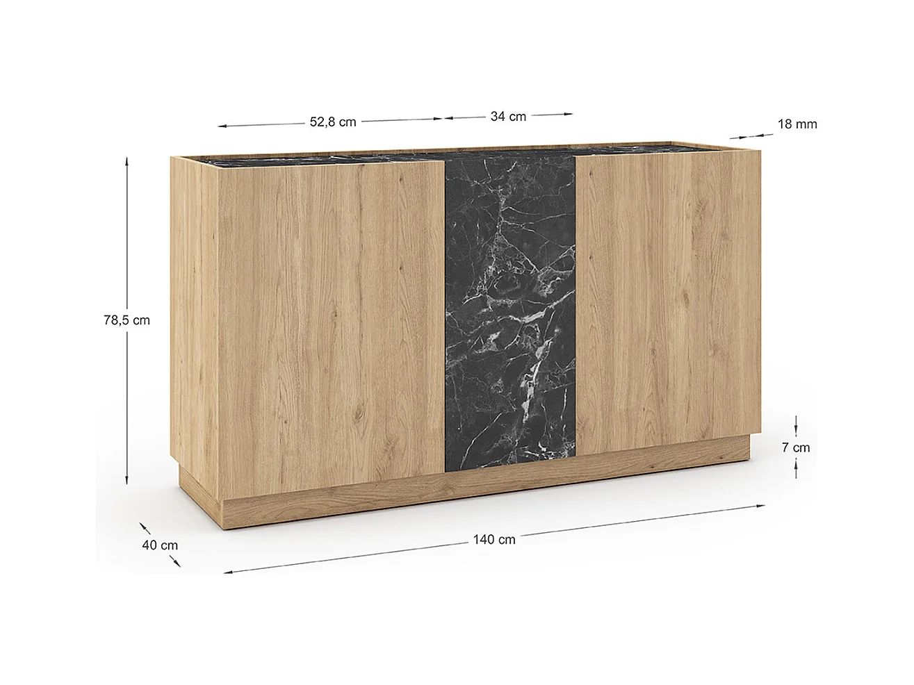 Buffet, commode rectangulaire avec 3 portes aspect bois coloris naturel et effet marbre noir  - Longueur 140 x Profondeur 41,80 x Hauteur 78,50 cm