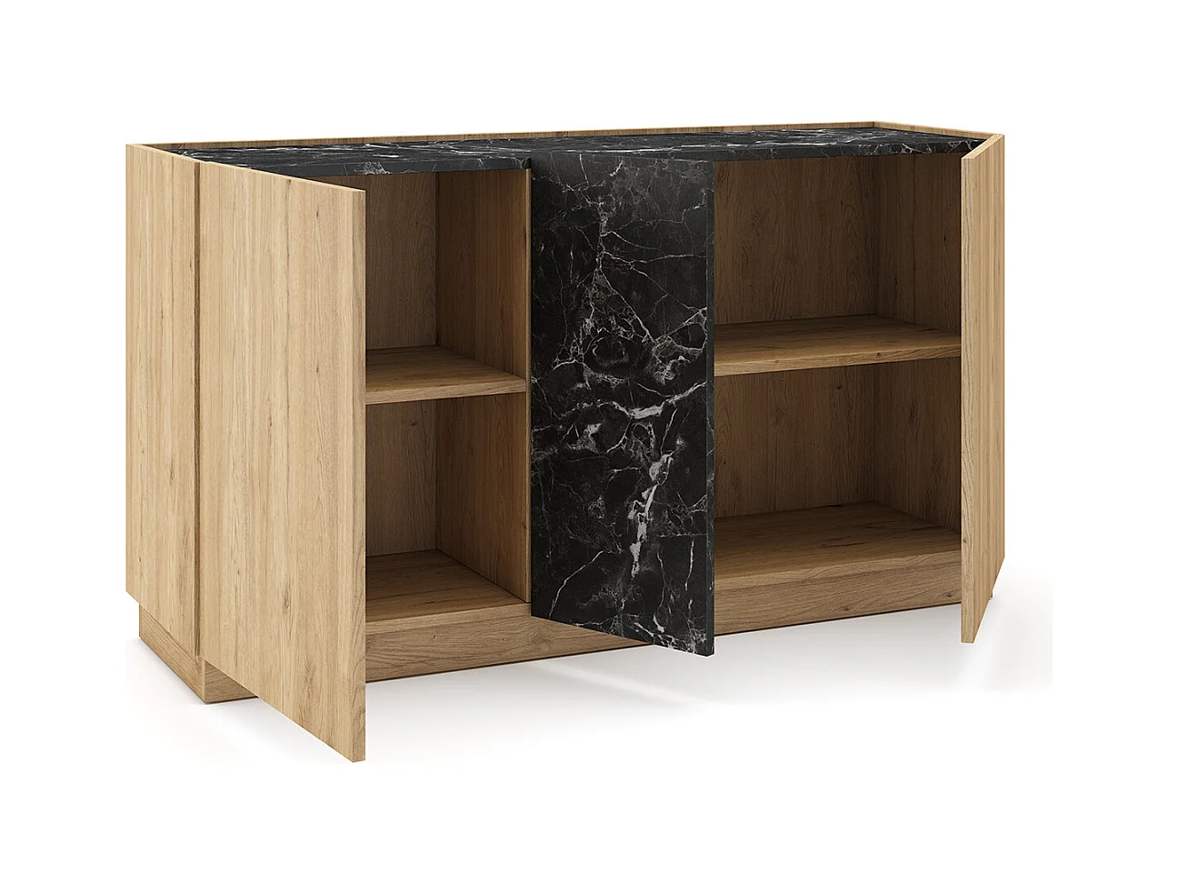 Buffet, commode rectangulaire avec 3 portes aspect bois coloris naturel et effet marbre noir  - Longueur 140 x Profondeur 41,80 x Hauteur 78,50 cm