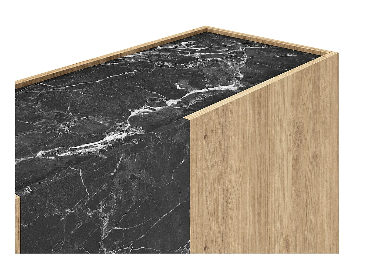 Buffet, commode rectangulaire avec 3 portes aspect bois coloris naturel et effet marbre noir  - Longueur 140 x Profondeur 41,80 x Hauteur 78,50 cm