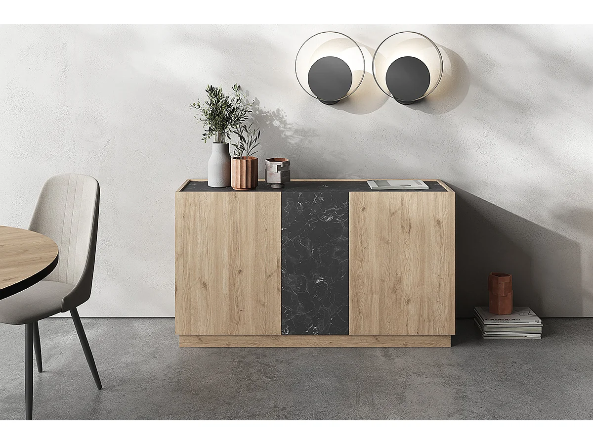 Buffet, commode rectangulaire avec 3 portes aspect bois coloris naturel et effet marbre noir  - Longueur 140 x Profondeur 41,80 x Hauteur 78,50 cm