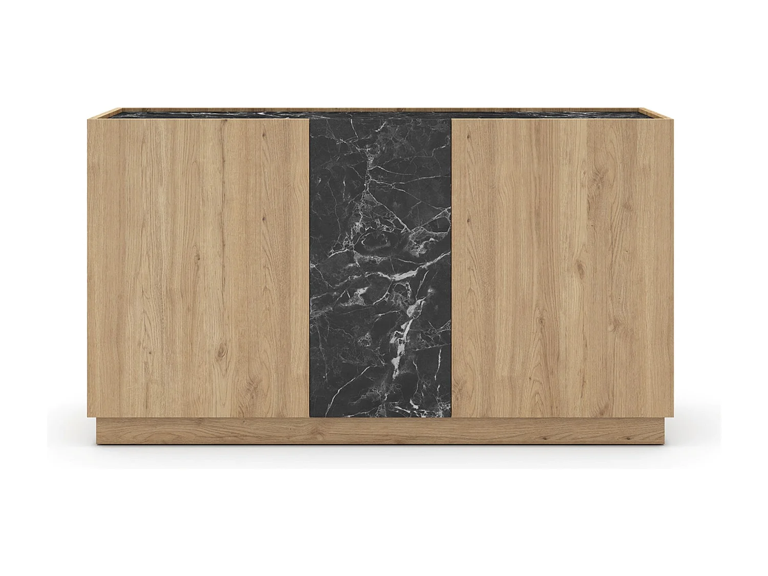 Buffet, commode rectangulaire avec 3 portes aspect bois coloris naturel et effet marbre noir  - Longueur 140 x Profondeur 41,80 x Hauteur 78,50 cm
