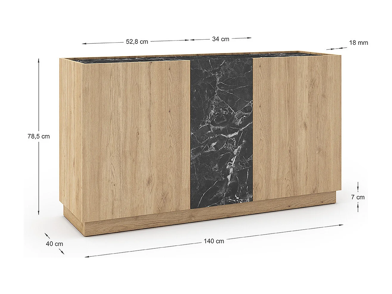 Buffet, commode rectangulaire avec 3 portes aspect bois coloris naturel et effet marbre noir  - Longueur 140 x Profondeur 41,80 x Hauteur 78,50 cm