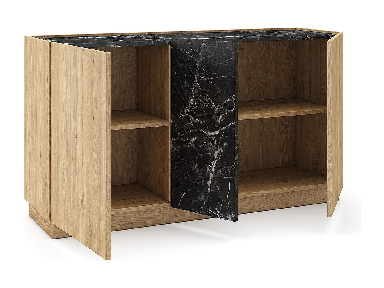 Buffet, commode rectangulaire avec 3 portes aspect bois coloris naturel et effet marbre noir  - Longueur 140 x Profondeur 41,80 x Hauteur 78,50 cm