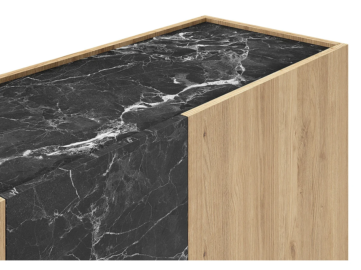 Buffet, commode rectangulaire avec 3 portes aspect bois coloris naturel et effet marbre noir  - Longueur 140 x Profondeur 41,80 x Hauteur 78,50 cm