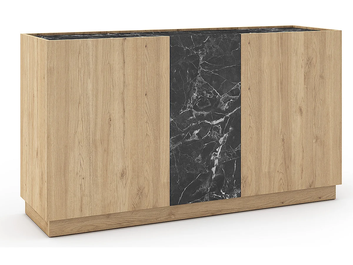 Buffet, commode rectangulaire avec 3 portes aspect bois coloris naturel et effet marbre noir  - Longueur 140 x Profondeur 41,80 x Hauteur 78,50 cm